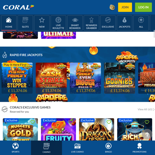 Coral Casino Jackpots Section