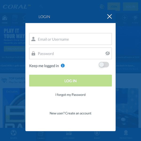 Coral Casino Login Form